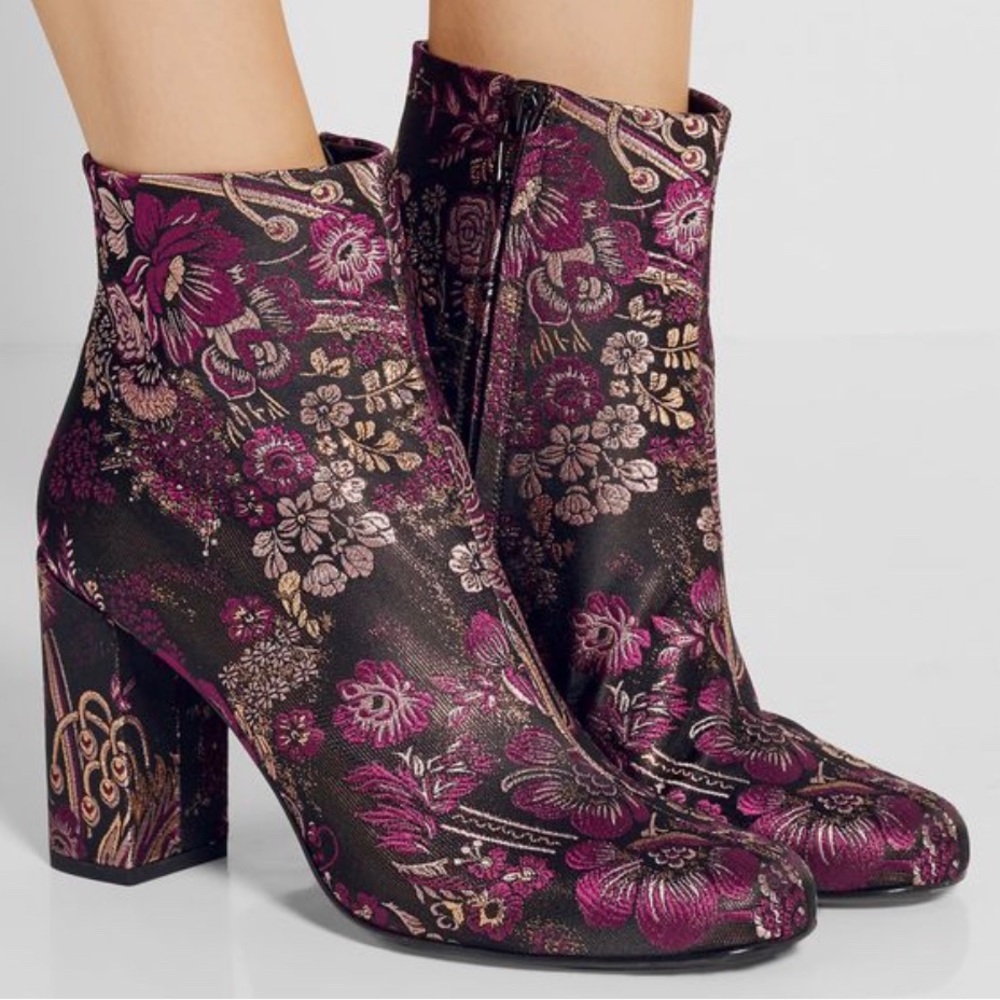 Saint Laurent Babies Floral Jacquard Brocade Block Heel Ankle Boots